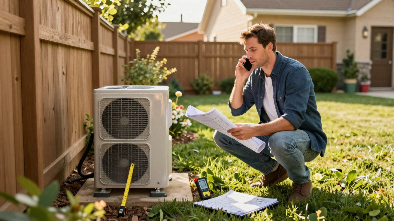 Homem verificando instalação de ar-condicionado externo no jardim enquanto fala ao telefone e lê planta.