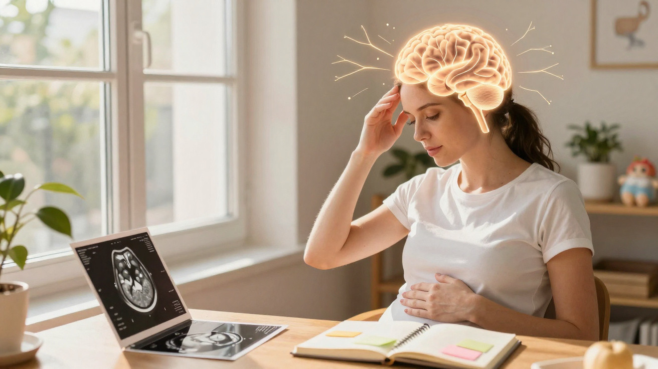 Mulher grávida tocando a cabeça com cérebro iluminado, analisando exames de ressonância magnética cerebral.
