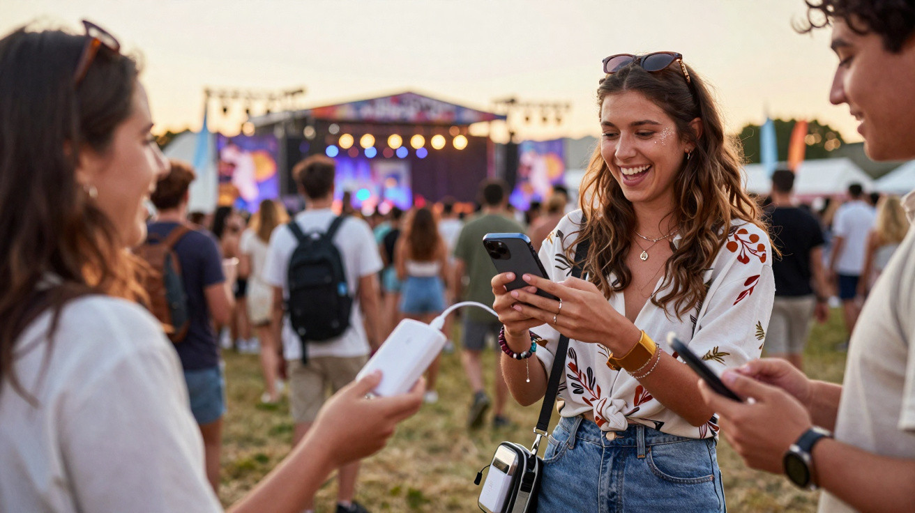 Pessoas sorrindo e usando celulares em festival ao ar livre com palco iluminado ao fundo.
