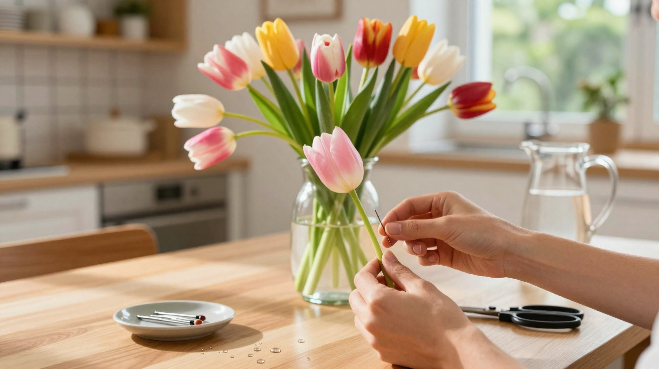 Mãos seguram tulipa rosa com vaso de tulipas coloridas e tesoura sobre mesa de madeira clara na cozinha.