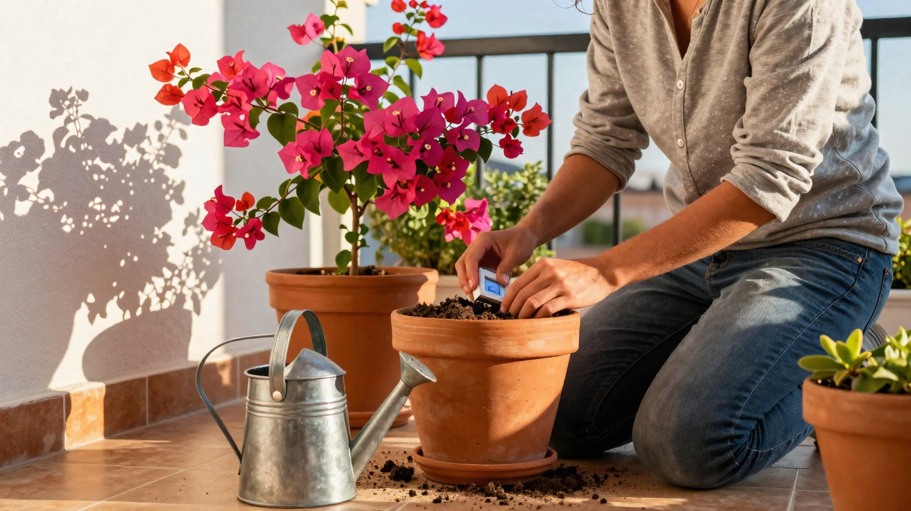 Pessoa plantando sementes em vaso de barro ao lado de regador e flores cor-de-rosa em varanda ensolarada.