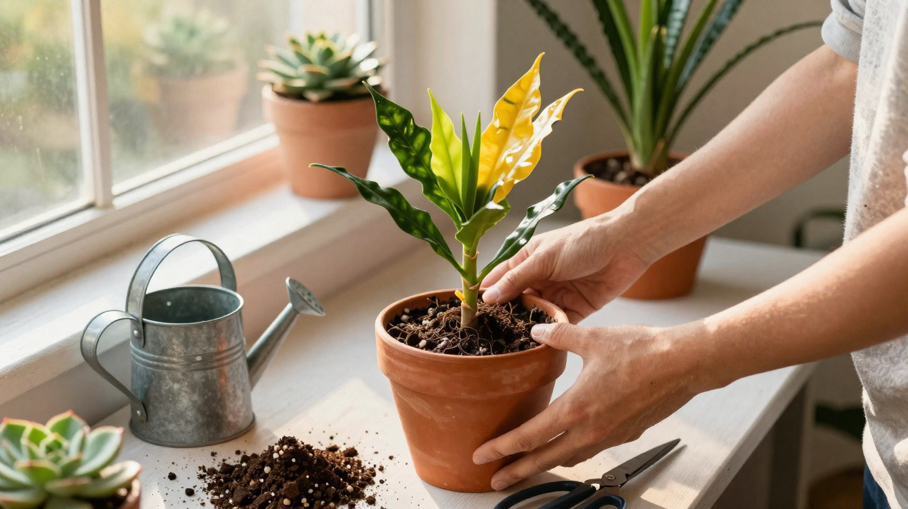 Pessoa cuidando de planta em vaso de barro ao lado de regador e terra sobre mesa perto da janela.