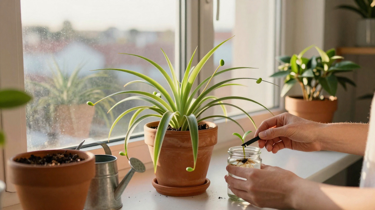 Mãos plantando muda em vidro ao lado de plantas em vasos na janela com luz natural.