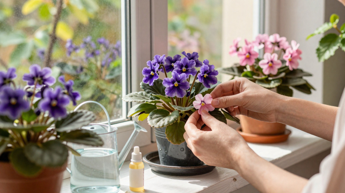 Mãos cuidando de violetas roxas e rosas em vasos sobre a janela com regador e frasco ao lado.