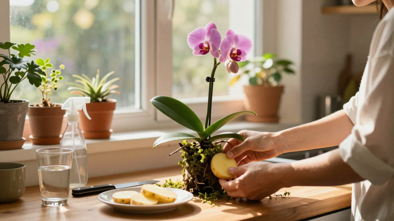 Pessoa cuidando de orquídea rosa em vaso com lugar iluminado por janela e plantas ao fundo.