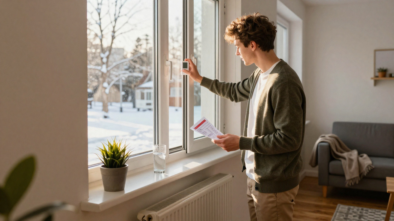 Jovem ajusta termostato em casa durante inverno, com jardim coberto de neve visto pela janela.