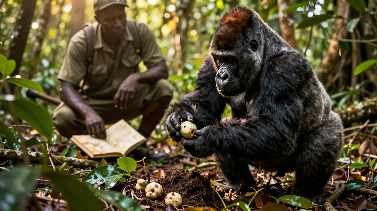 Gorila agachado segurando frutas, com homem observando em floresta tropical densa e iluminada.