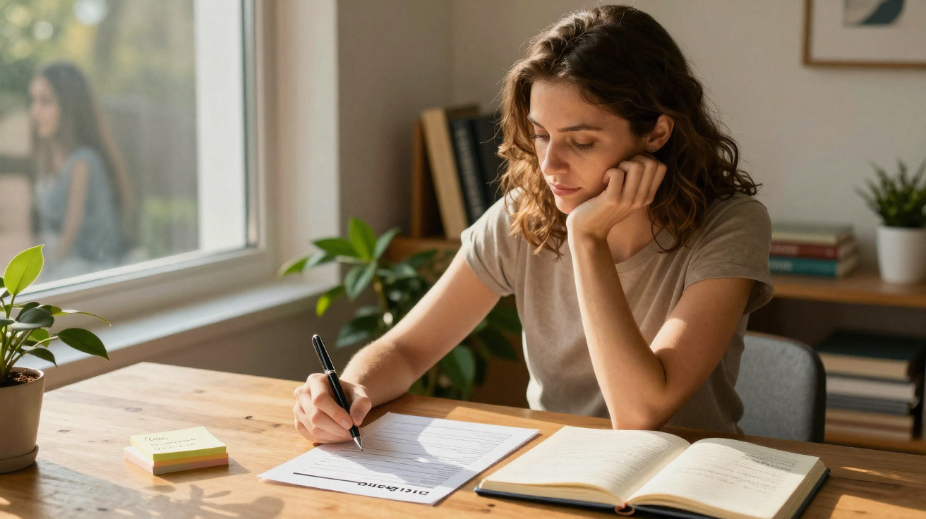 Mulher jovem escrevendo em documento à mesa com planta, livros e janela ao fundo em ambiente iluminado.