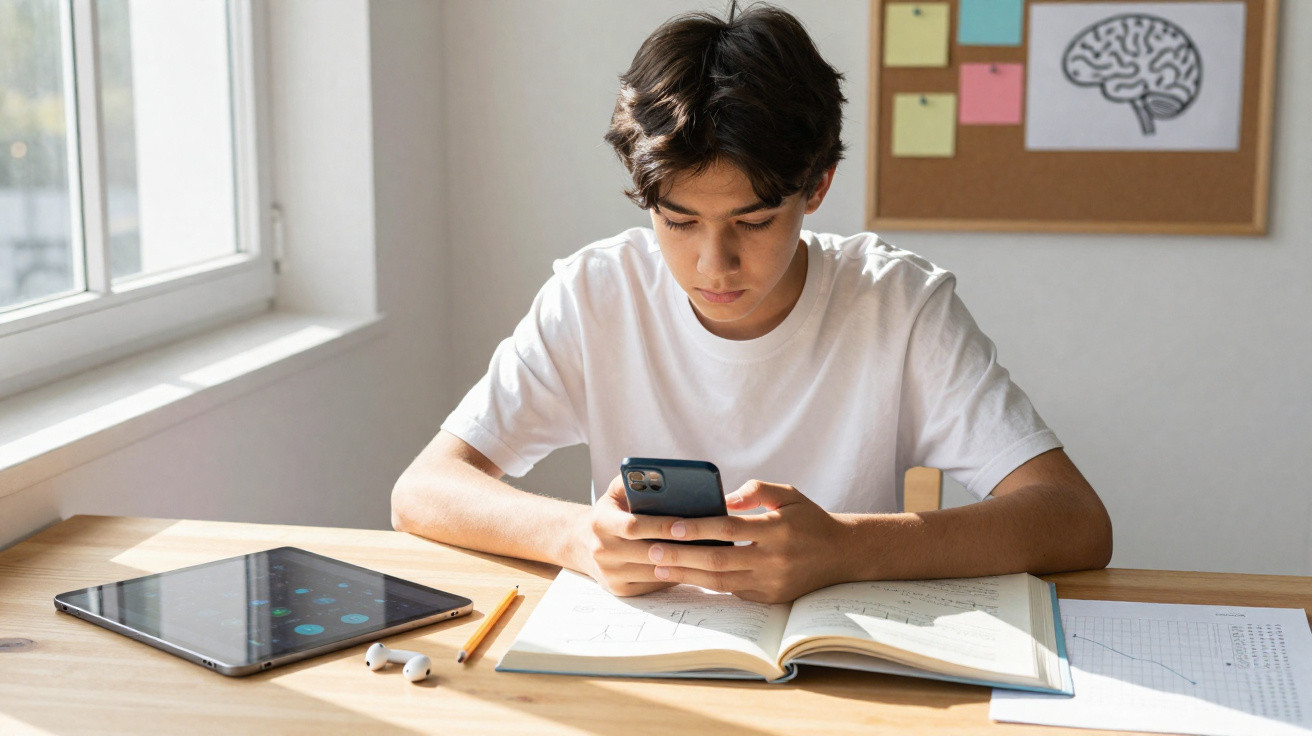 Adolescente estudando em mesa com caderno aberto, segurando celular, tablet e fones de ouvido à sua frente.