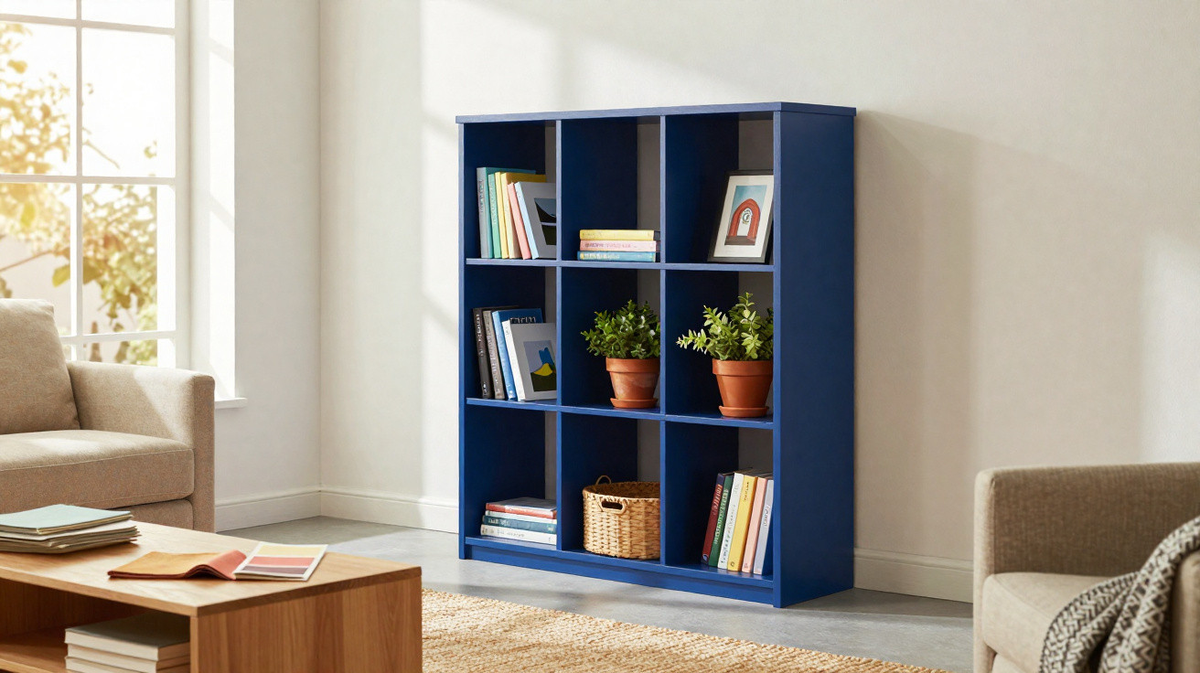 Estante azul com nove nichos, livros, plantas e cesta em sala com sofás e mesa de madeira.