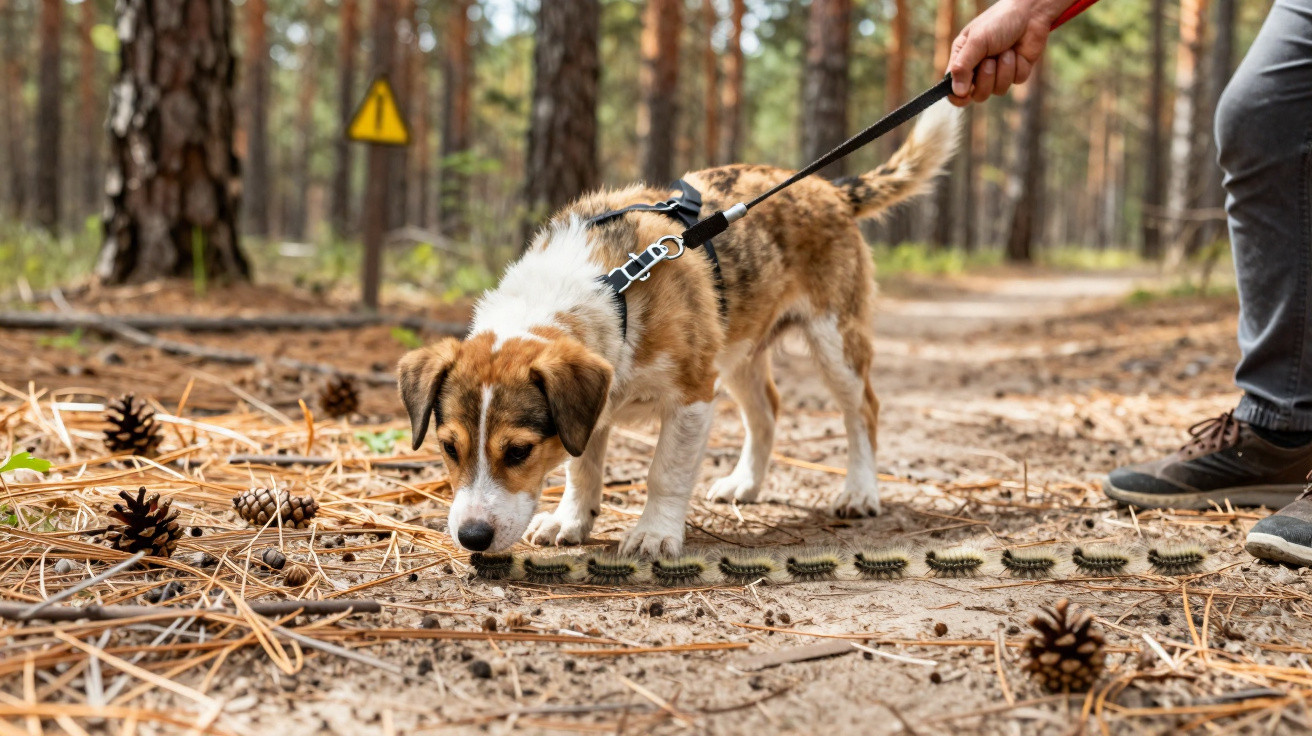 Cachorro branco e marrom com coleira farejando fila de lagartas em trilha de floresta com pinheiros.