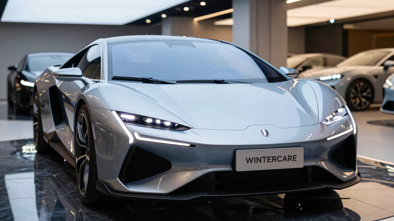Carro esportivo prata com faróis acesos em showroom moderno com piso brilhante.