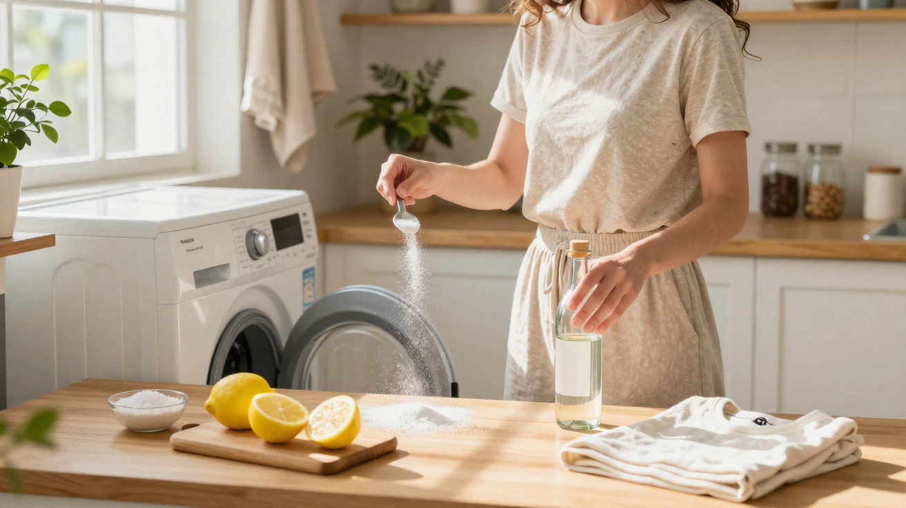 Mulher aplicando produto caseiro em máquina de lavar roupas em cozinha iluminada por luz natural.