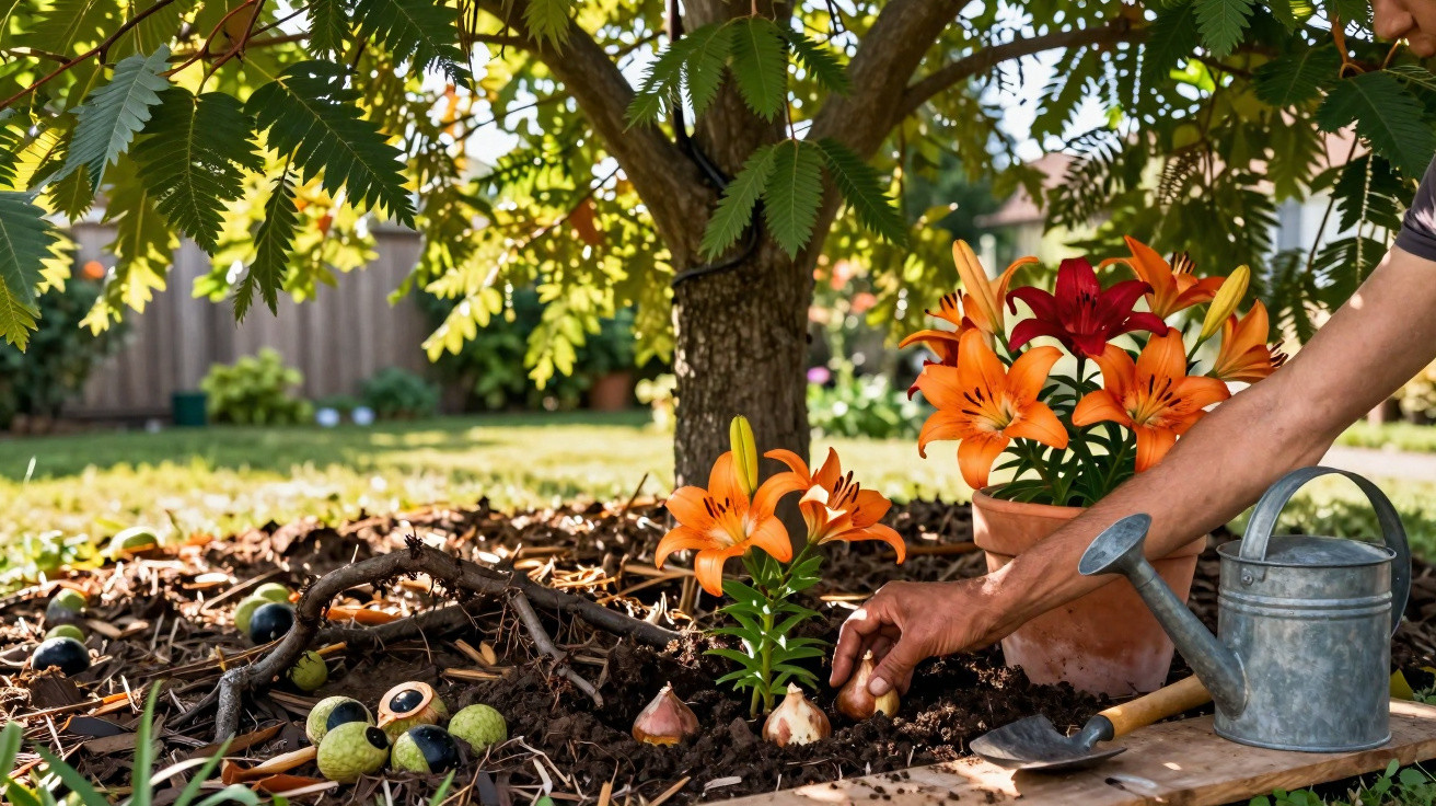 Pessoa plantando bulbos de flores laranja e vermelha em um jardim sob uma árvore.