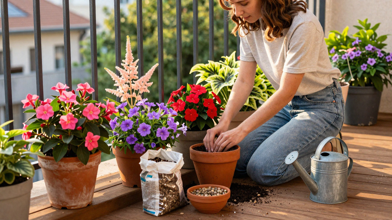 Mulher cuidando de plantas em vasos com flores coloridas em uma varanda ensolarada.