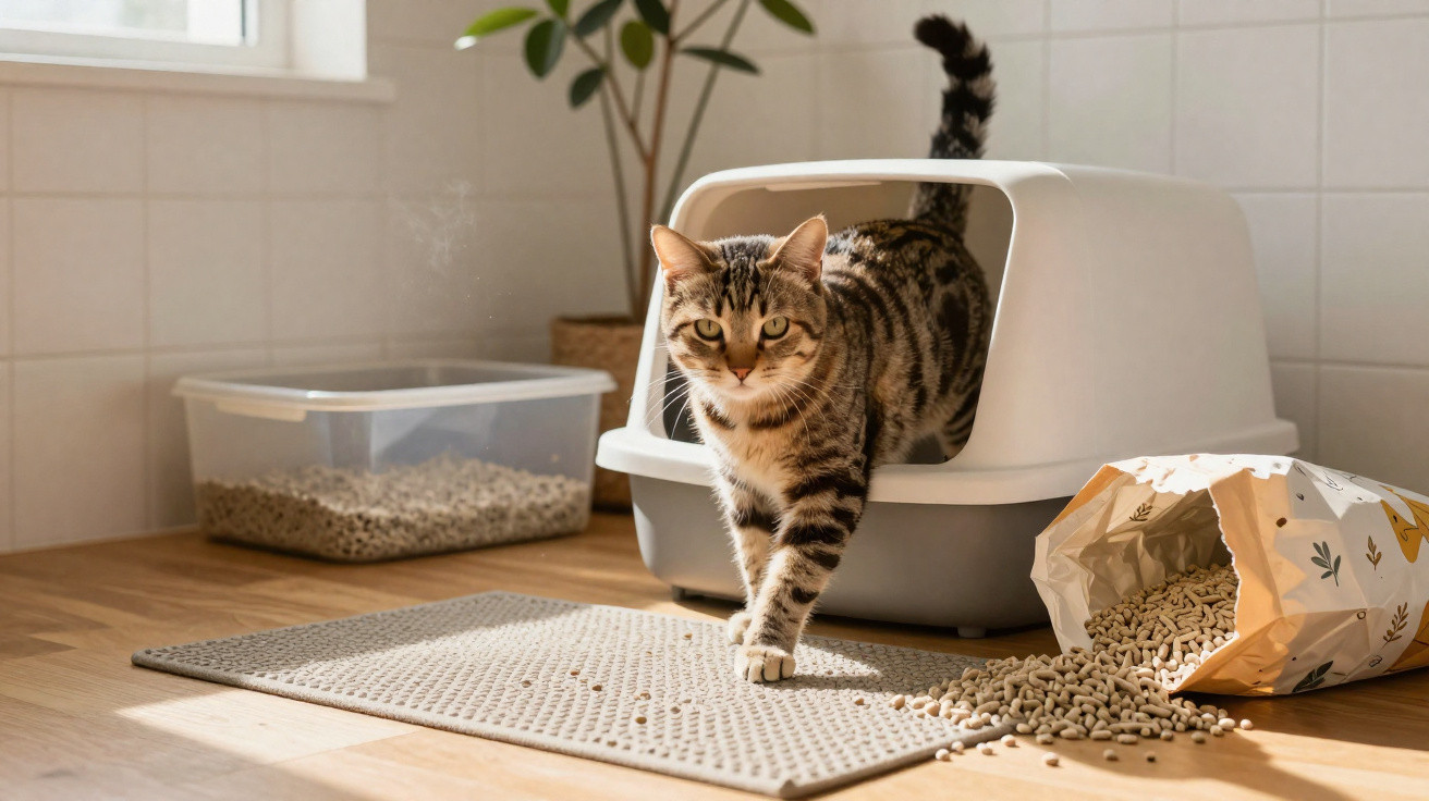 Gato saindo da caixa de areia com pellets espalhados no chão e recipiente de areia ao fundo.