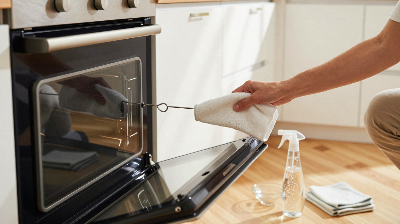 Pessoa limpando a porta interna de um forno de cozinha com pano branco e spray de limpeza ao lado.