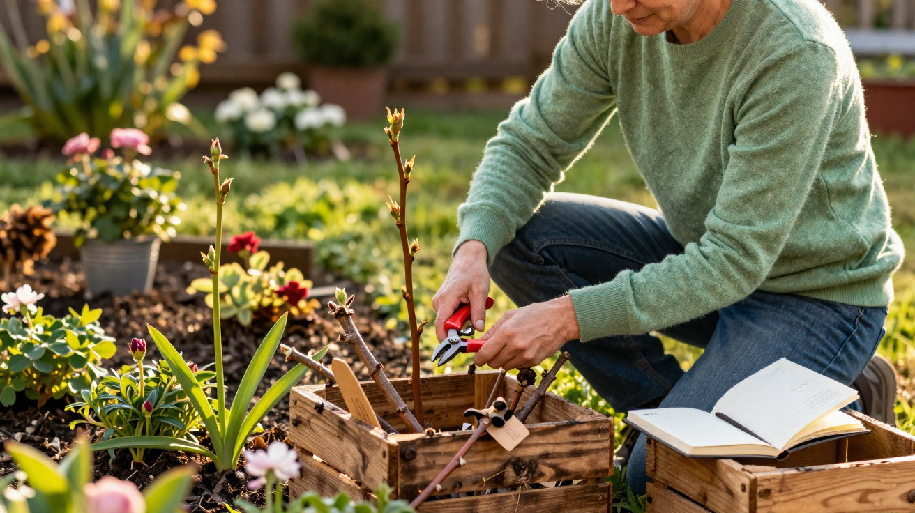 Pessoa podando planta jovem em jardim com flores, usando tesoura de poda e caderno aberto ao lado.