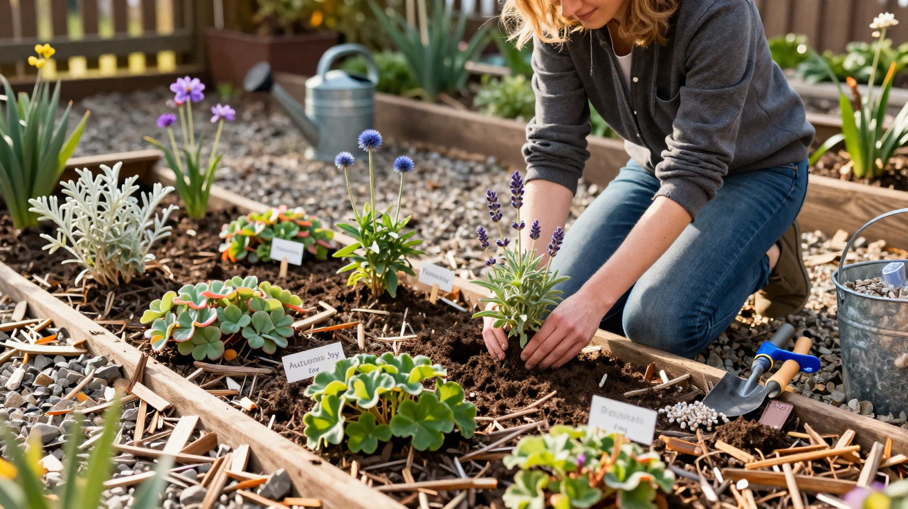 Mulher plantando flores em canteiro organizado com placas identificadoras e ferramentas de jardinagem.