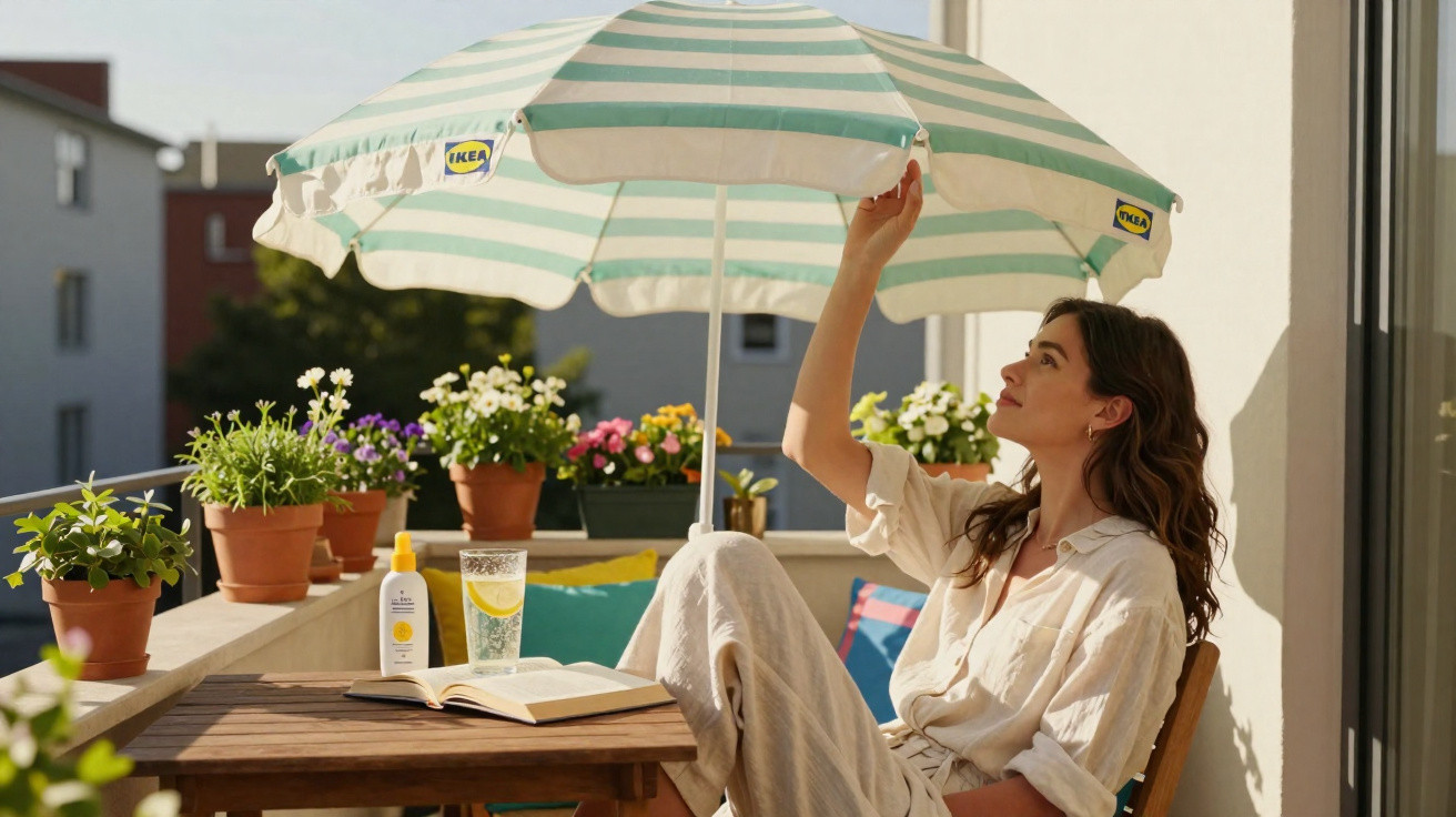 Mulher sentada em varanda ensolarada ajustando guarda-sol verde e branco com plantas e livro na mesa madeira.