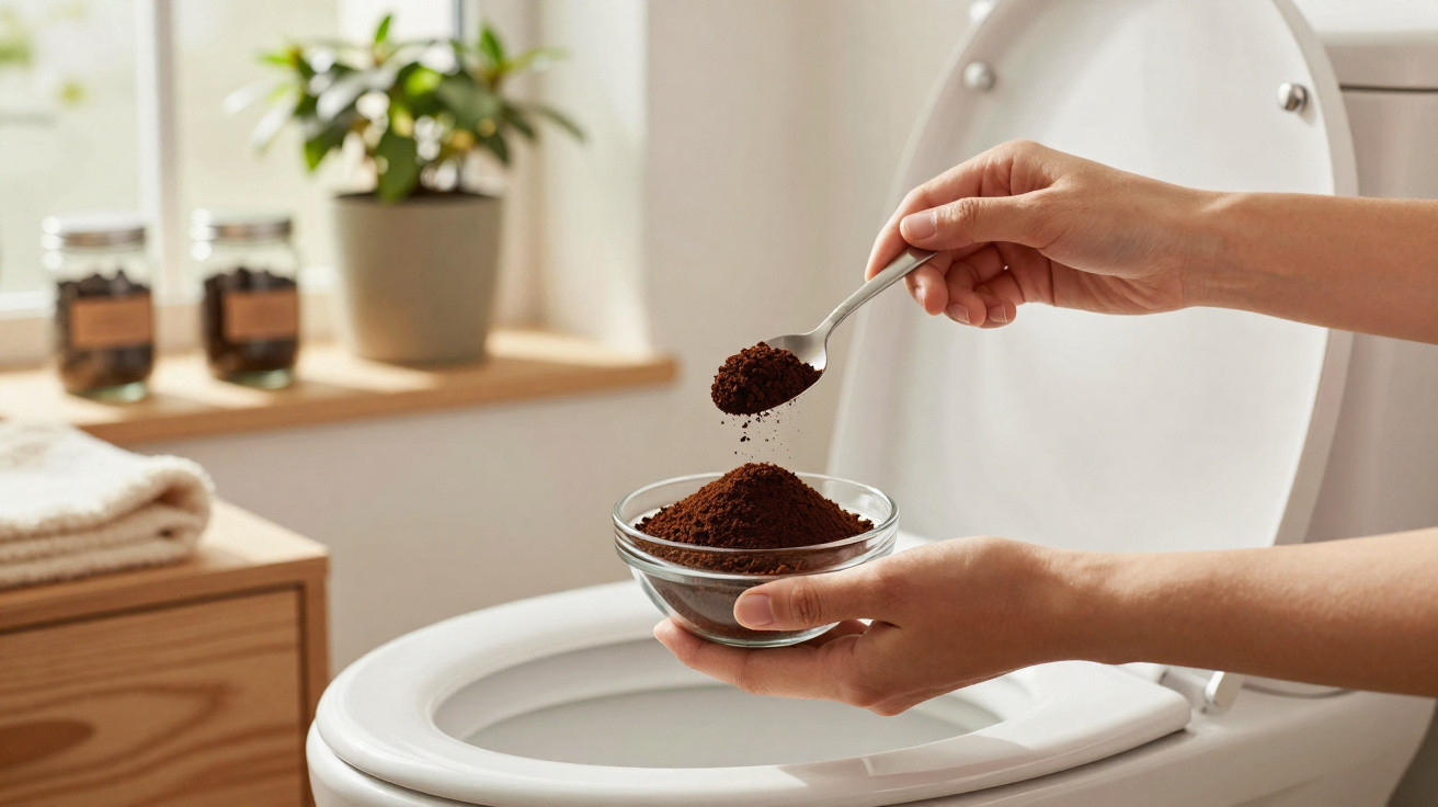 Mãos segurando tigela e colher com café moído sobre vaso sanitário aberto, em banheiro iluminado.