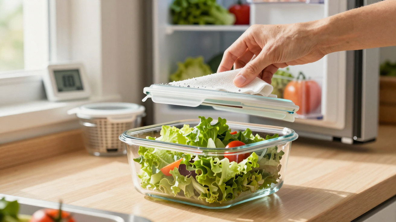 Mão tampando recipiente de vidro com salada fresca, contendo alface, tomate e legumes, em bancada da cozinha.