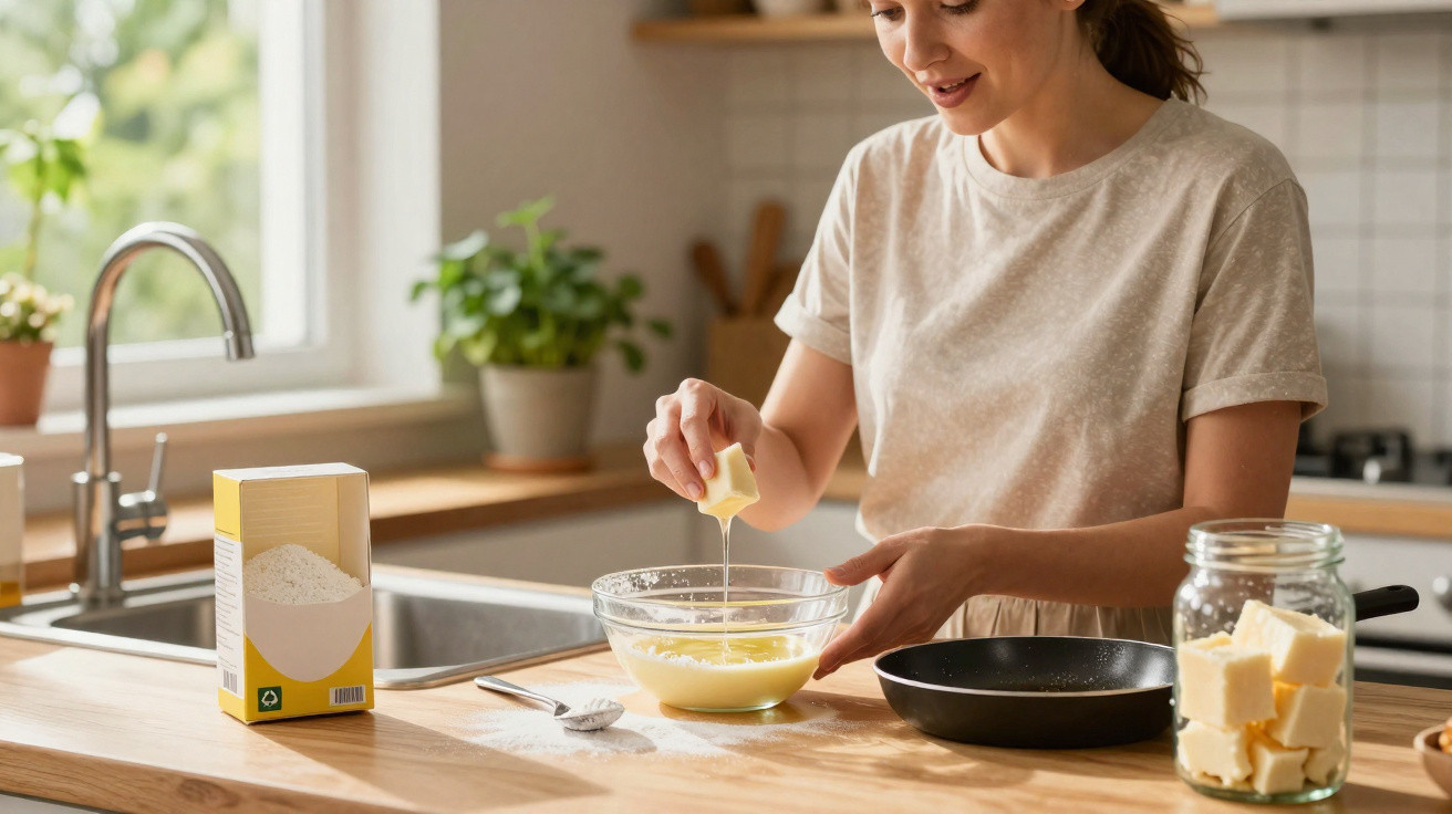 Mulher na cozinha preparando receita, adicionando manteiga derretida em uma tigela de vidro.