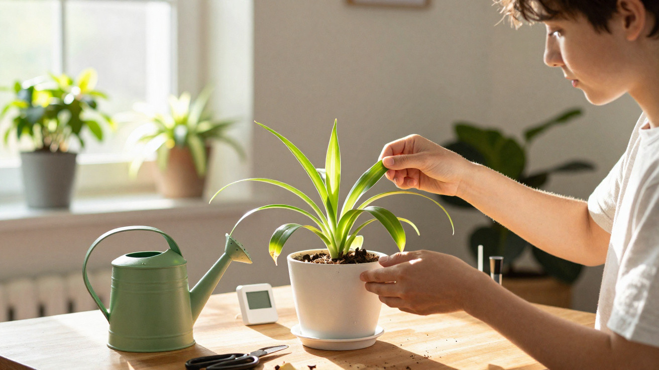 Criança cuidando de planta em vaso branco sobre mesa, com regador verde e luz natural vindo da janela.