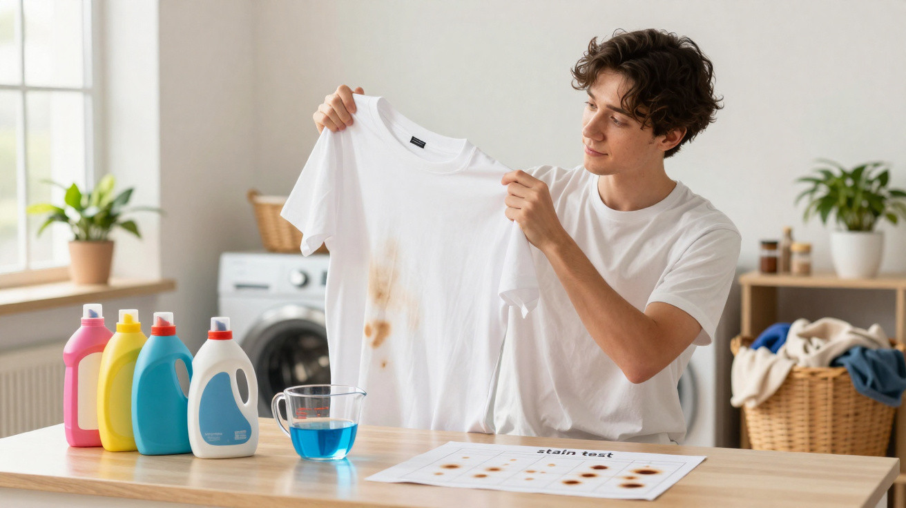 Jovem segurando camiseta branca com manchas enferrujadas, testando removedores de manchas na lavanderia.