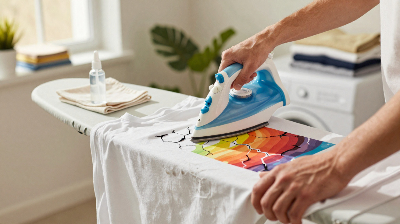 Pessoa passando ferro com estampa colorida em uma camiseta branca sobre tábua de passar roupa.
