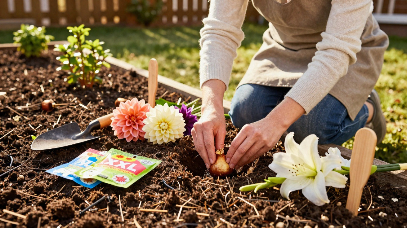 Pessoa plantando bulbo de flor em canteiro com pacotes de sementes e flores ao redor.