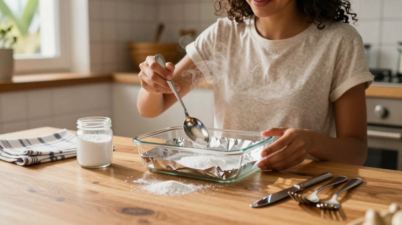 Mulher com camiseta clara usando colher para colocar sal em forma de vidro na cozinha.