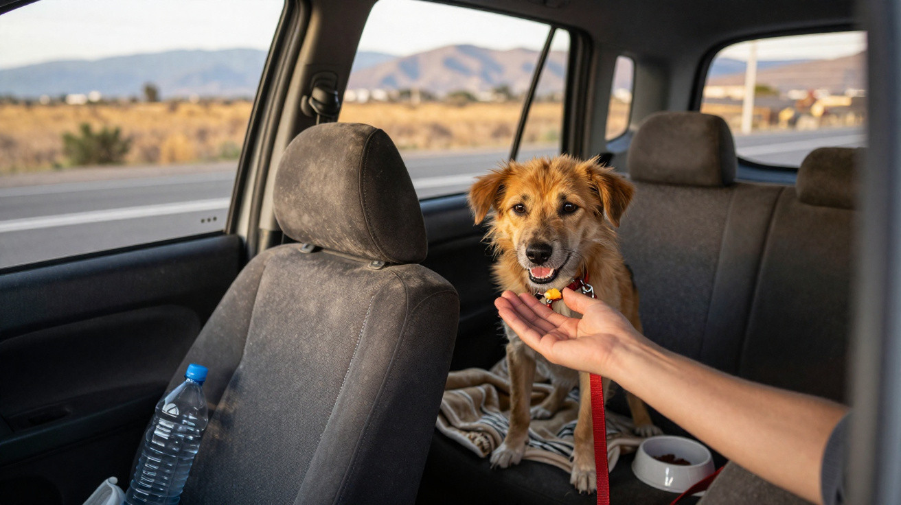 Cachorro sentado no banco de trás de um carro sendo alimentado por uma mão humana.