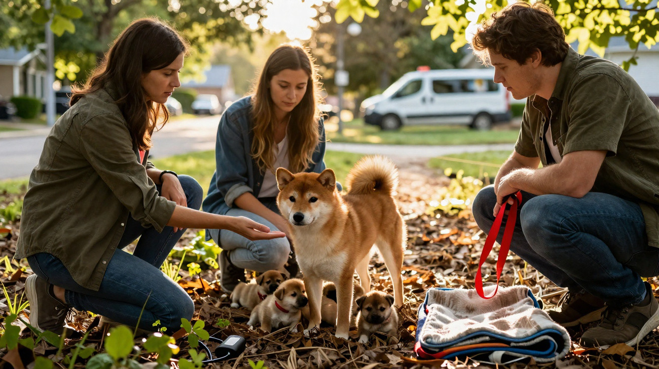 Três pessoas agachadas cuidam de uma cadela Shiba Inu e seus filhotes ao ar livre em ambiente urbano.