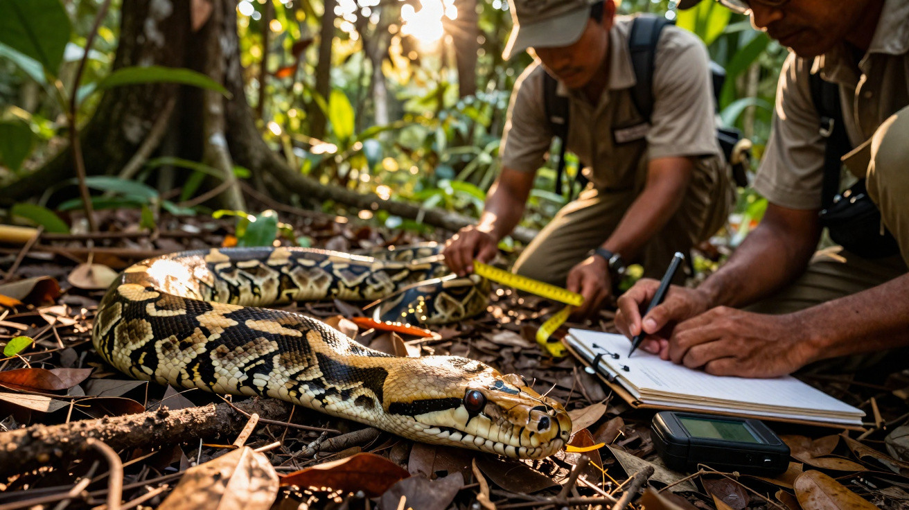 Cientistas medem e anotam dados de uma jiboia no chão da floresta durante pesquisa.
