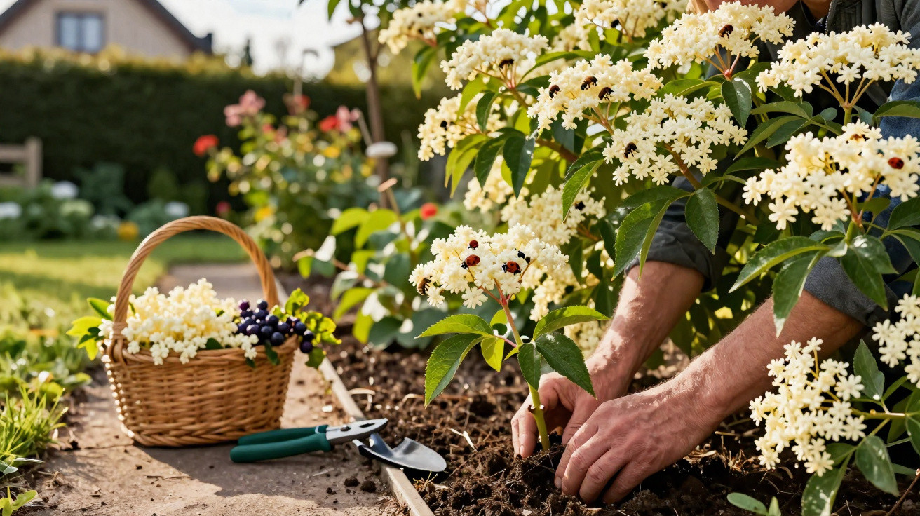 Pessoa plantando flor branca no jardim com cesta e ferramentas ao lado em dia ensolarado.