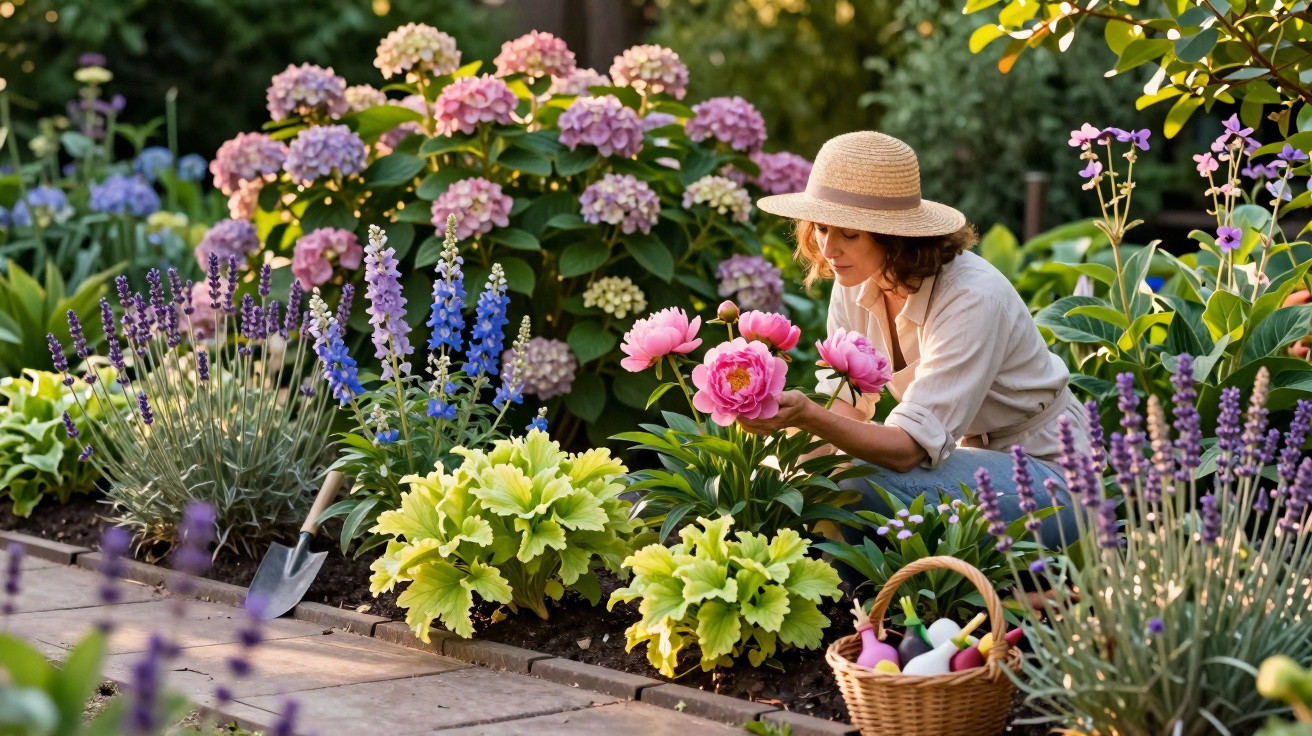 Mulher com chapéu cuidando de flores rosas em jardim florido ao entardecer.