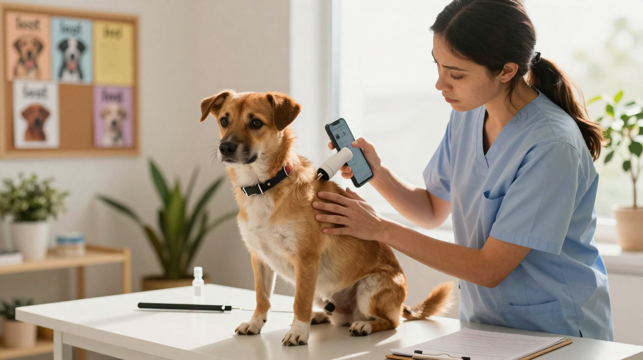 Veterinária aplica vacina em cachorro marrom em clínica com ambiente iluminado e plantas.