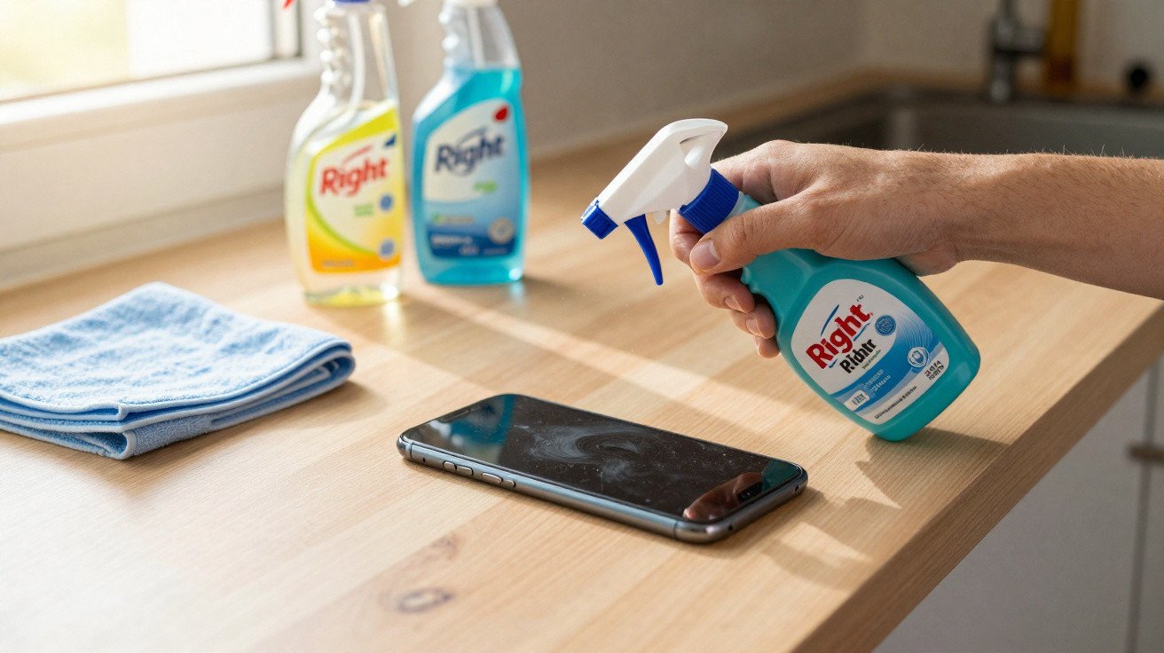 Pessoa segurando borrifador de produto de limpeza para tela de celular sobre bancada de madeira, com pano azul ao lado.