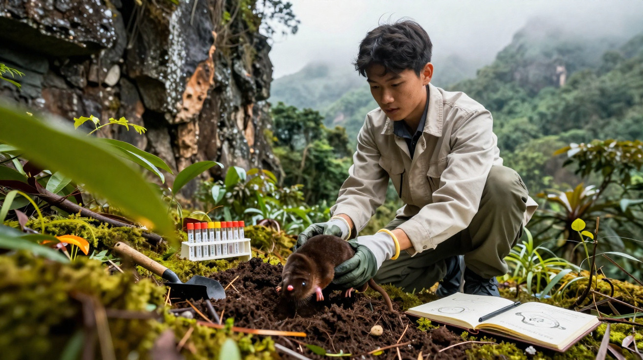 Jovem cientista segura rato para pesquisa em área com vegetação densa e materiais de laboratório ao redor.