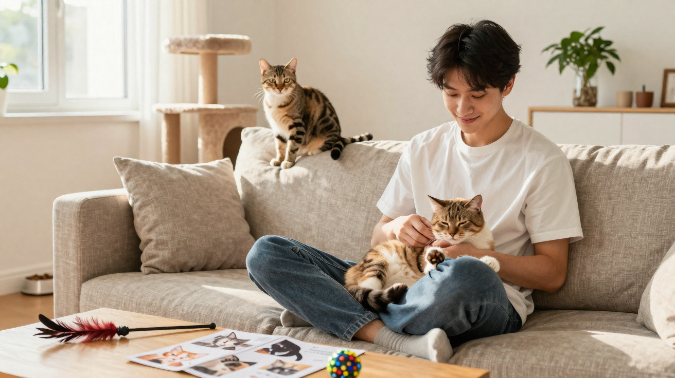 Jovem sentado no sofá acariciando gato no colo, enquanto outro gato está apoiado no encosto do sofá.