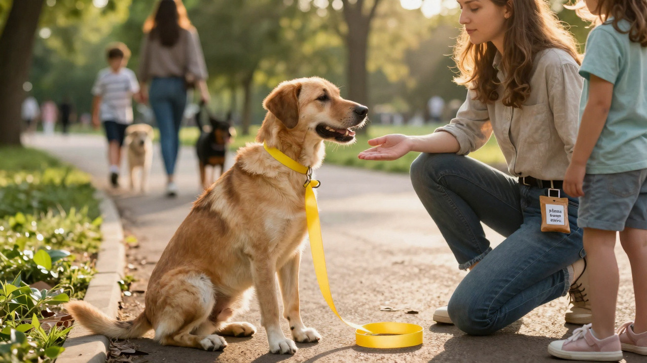 Mulher com criança treinando cachorro com coleira amarela em parque ensolarado.