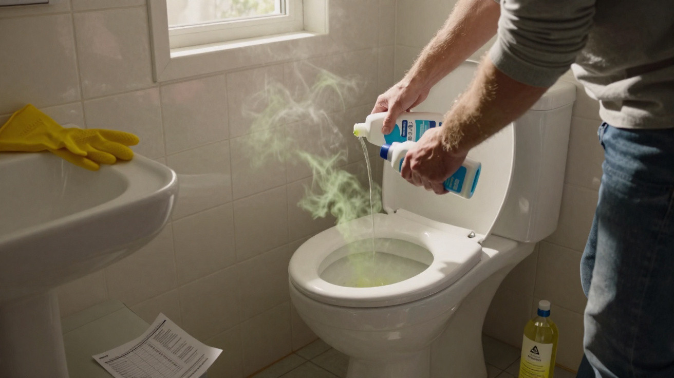 Pessoa despejando produtos químicos no vaso sanitário com vapor verde saindo na luz da janela.