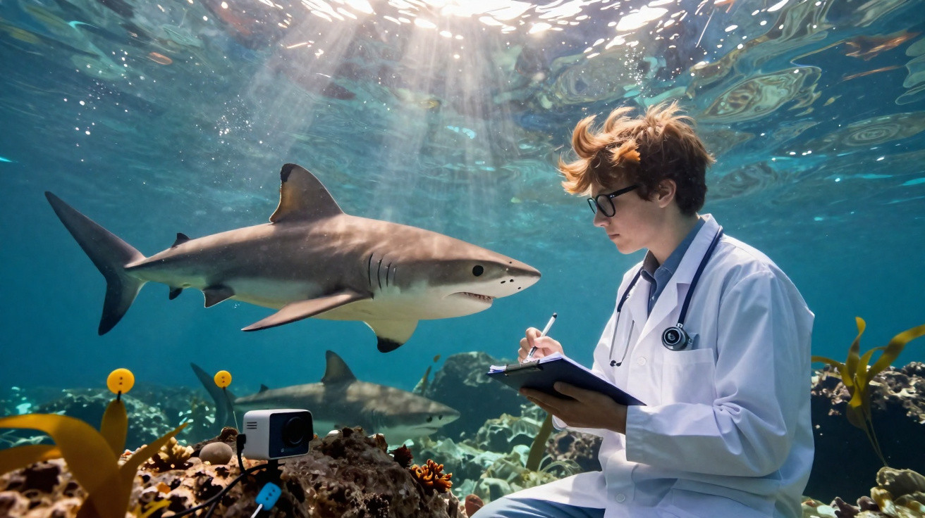Jovem cientista em jaleco observa e anota dados de tubarões em aquário grande com corais.