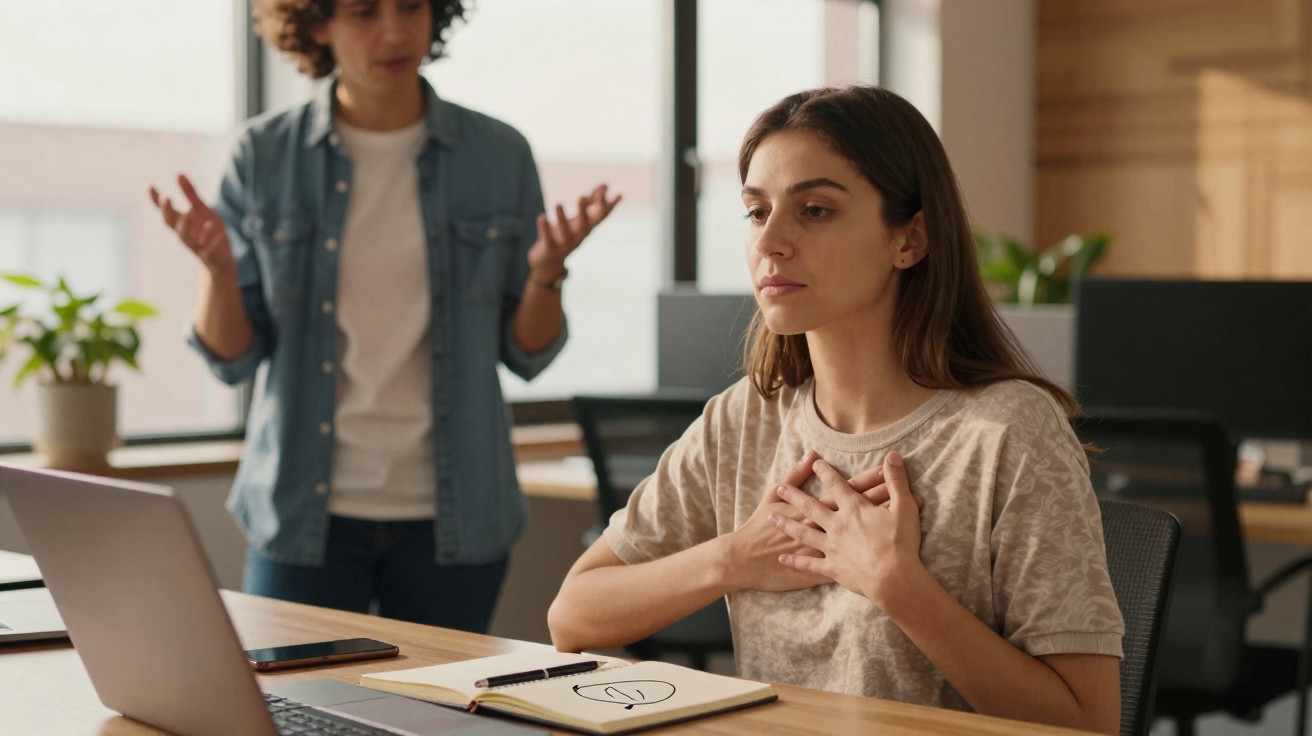 Mulher sentada com expressão preocupada e mão no peito enquanto homem fala ao fundo em escritório.