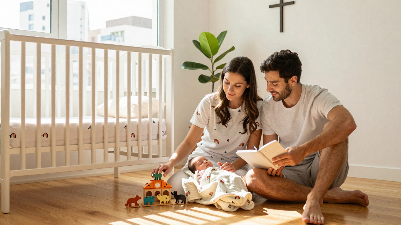 Casal sentado no chão com bebê, brinquedos e berço em quarto iluminado por luz natural.