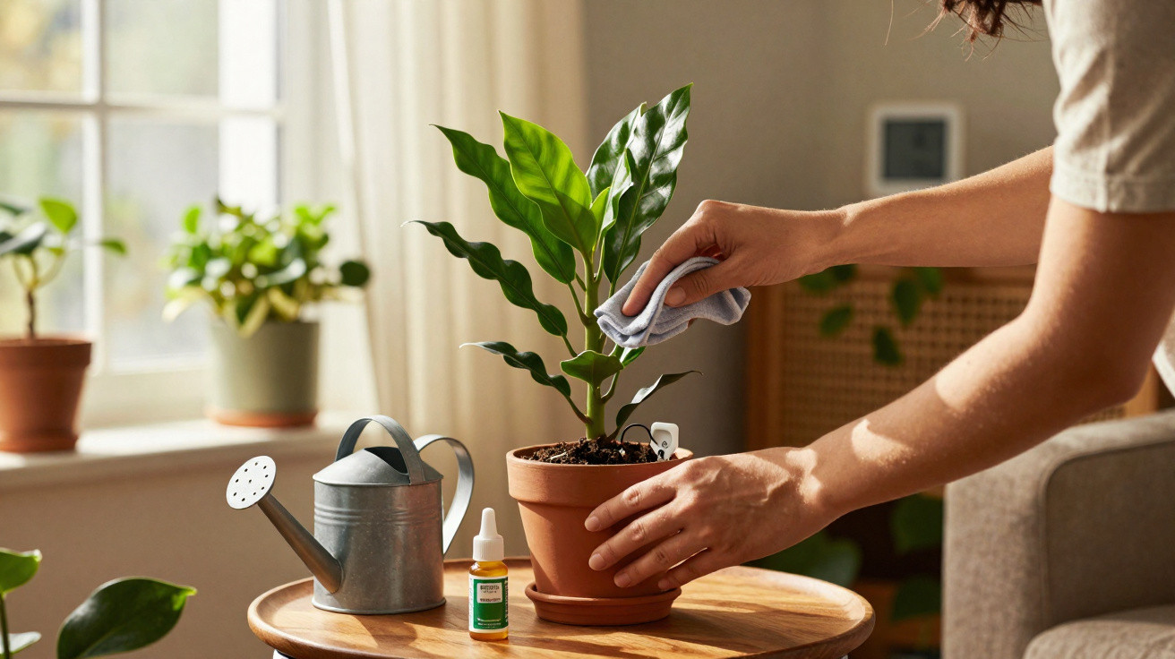 Pessoa limpando folhas de planta em vaso de cerâmica com regador e produto para plantas perto, luz natural