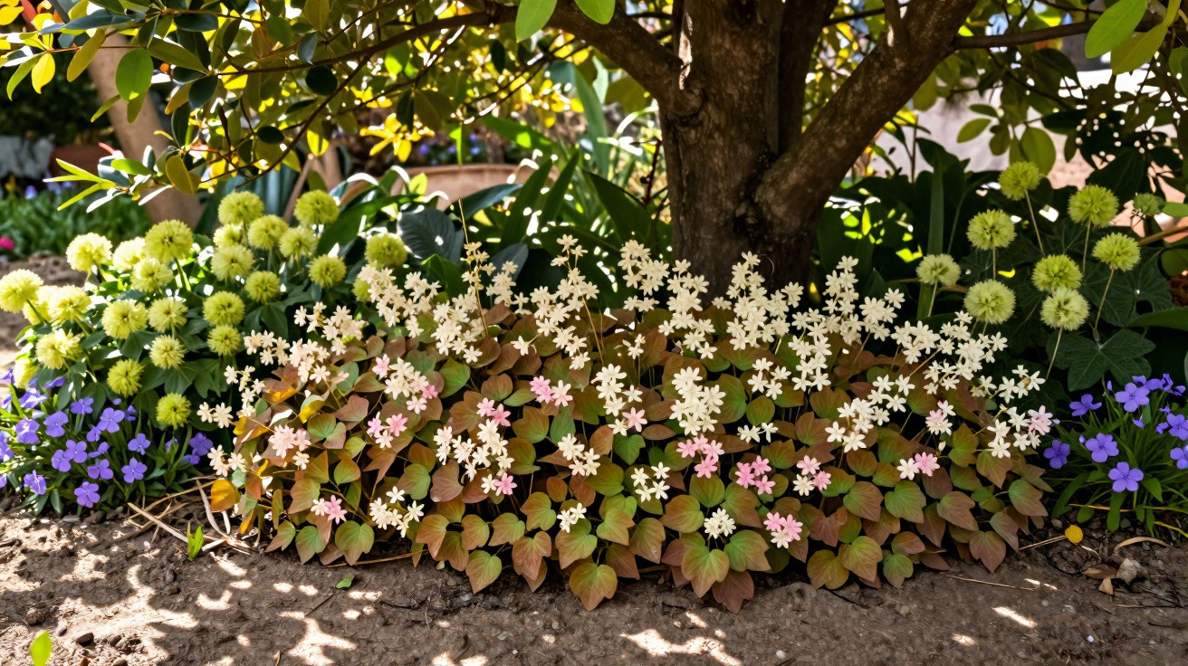 Base de árvore com flores brancas, amarelas, lilases e folhas verdes em jardineira ensolarada.