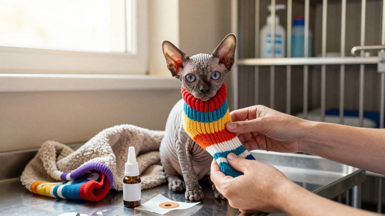 Gato sphynx azul usando suéter colorido em consulta veterinária, com mãos vestindo a peça.