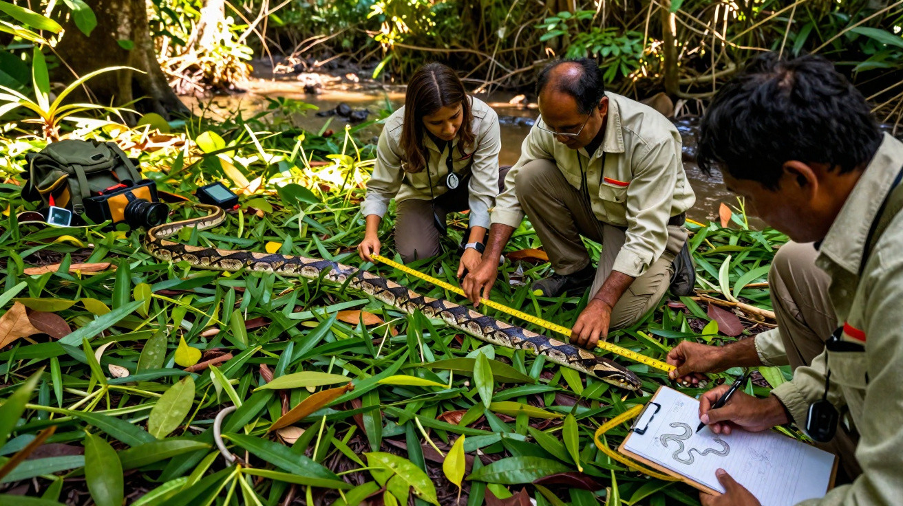 Equipe medindo a cobra píton esticada sobre folhas verdes em área de mata fechada.